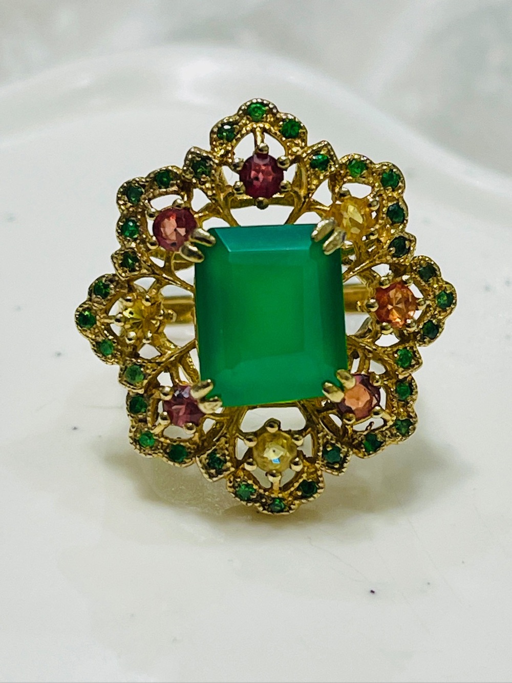 genuine Agate, Emerald and sapphires Ring